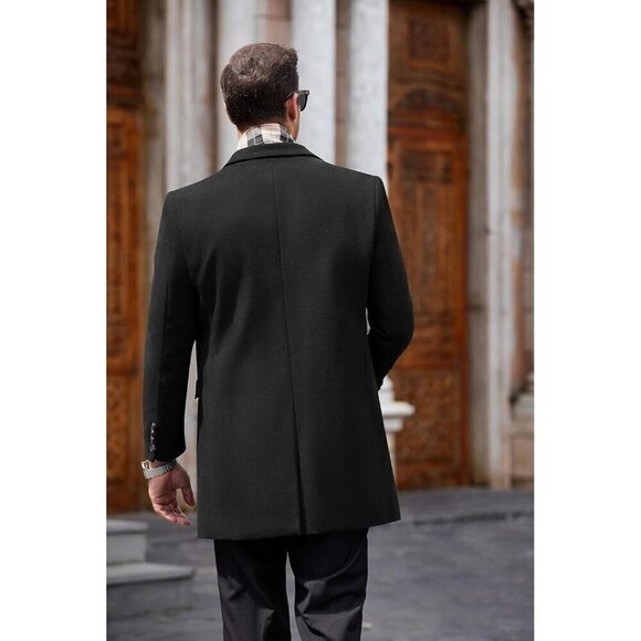 COOFANDY Men's Black Wool Blend Coat with Scarfs Notched Collar Pea Coat - Picture 4 of 6